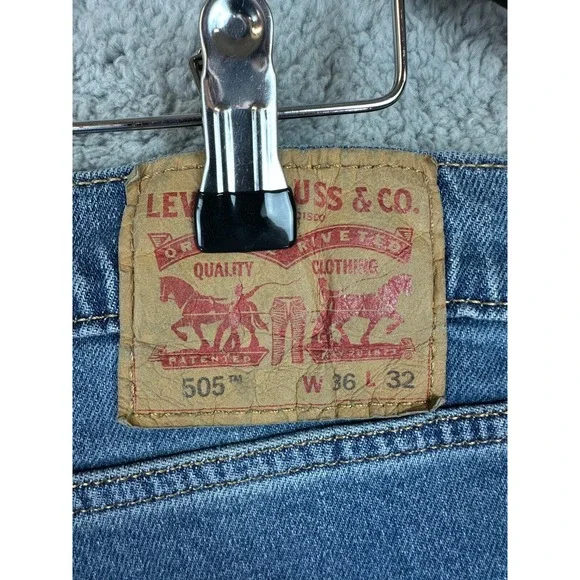 Levis 505 Jeans Men 36x32 Blue Straight Leg Regular Fit Denim Stretch New
